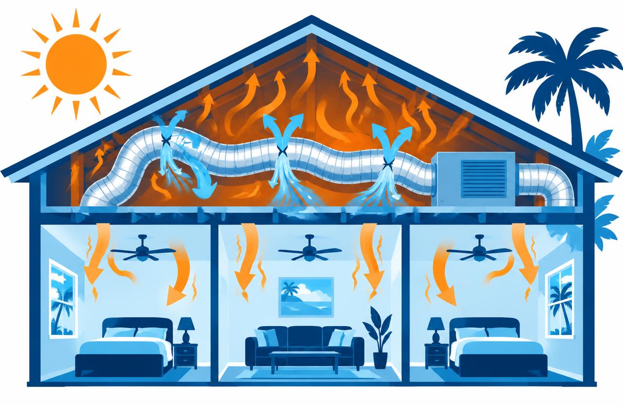 Leaking attic ducts pushing cold air into the attic and hot air into rooms